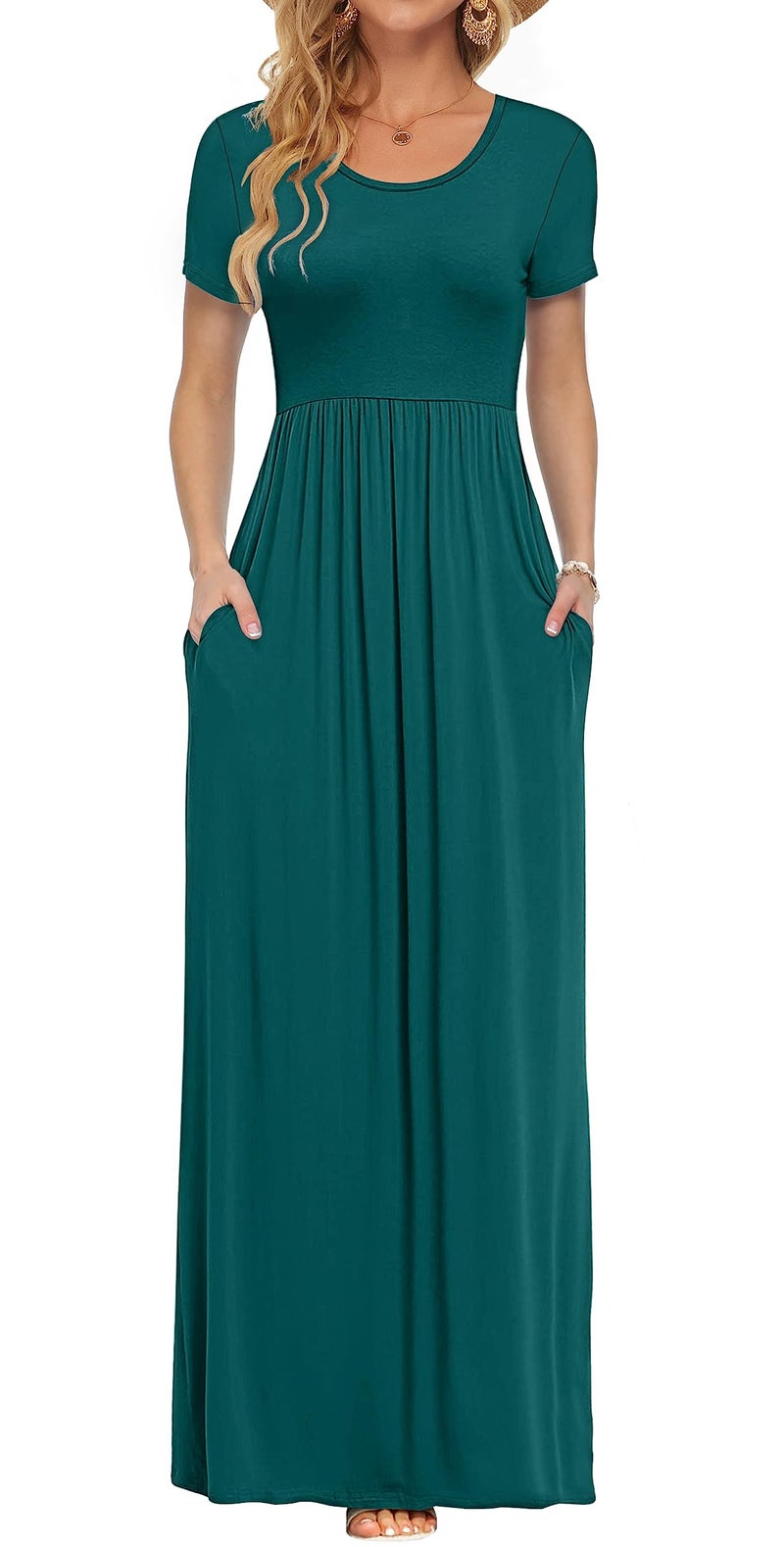 AUSELILY Women's Short Sleeve Loose Plain Casual Long Maxi Dresses for Women 2026 Dark Green L - Image 1
